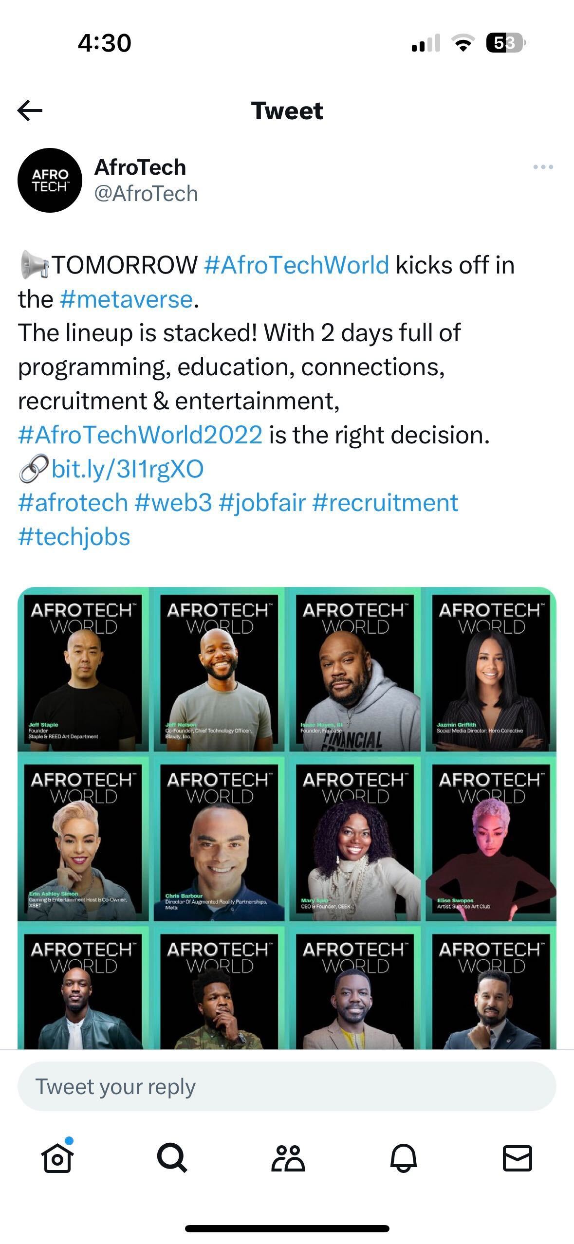 AfroTech 推文包含多個活動主題標籤，包括 #AfroTechWorld 和 #AfroTechWorld2022。