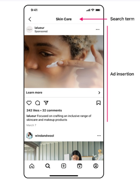 Przykład reklamy w wyszukiwarce na Instagramie dla zapytania „pielęgnacja skóry”.