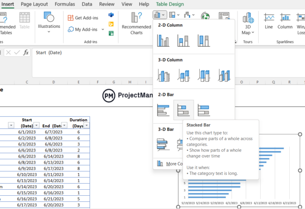 Excel 甘特圖堆疊條形圖。