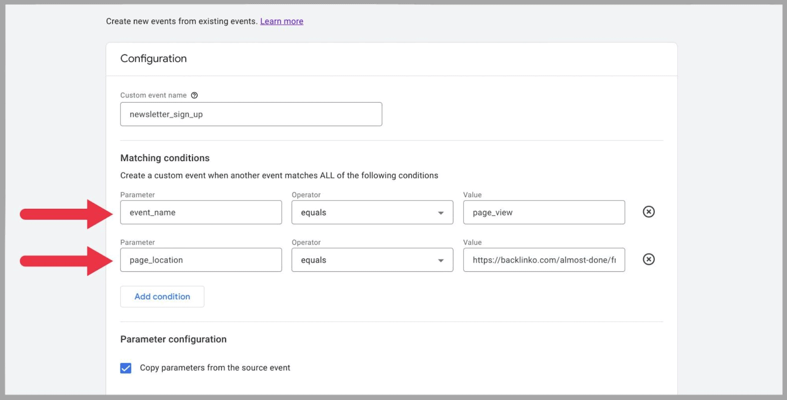 Sample event conditions