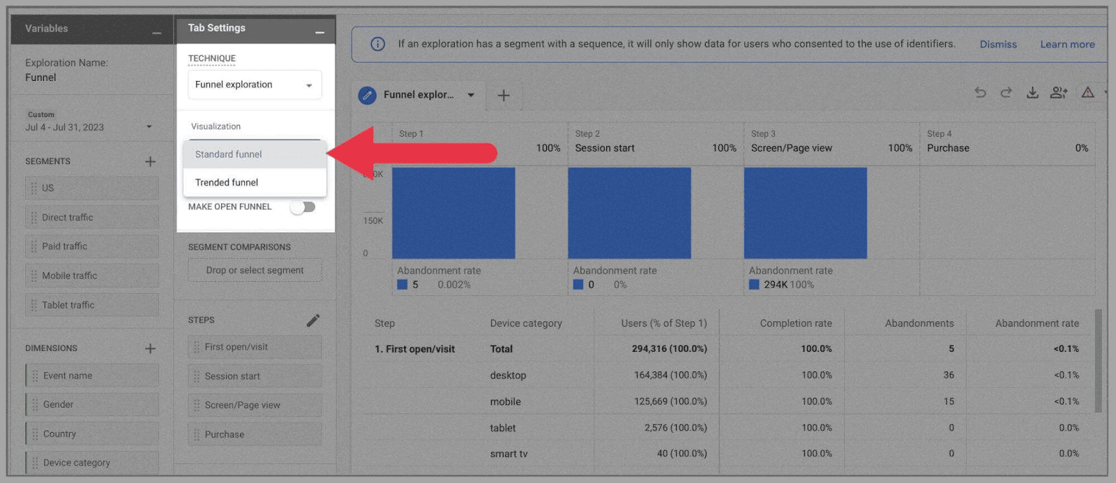 Visualization options on funnel exploration template