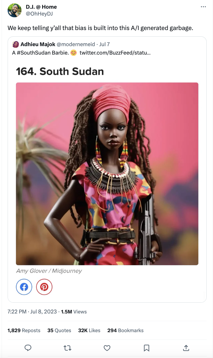 用戶在 Twitter 線程中對 AI 生成的“#SouthSudan Barbie”照片的響應[自 2023 年 7 月起更名為 X]。帖子中寫道：“我們一直告訴你們，人工智能生成的垃圾中存在偏見。”