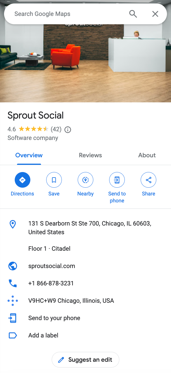 Captură de ecran a profilului de companie Google al Sprout Social