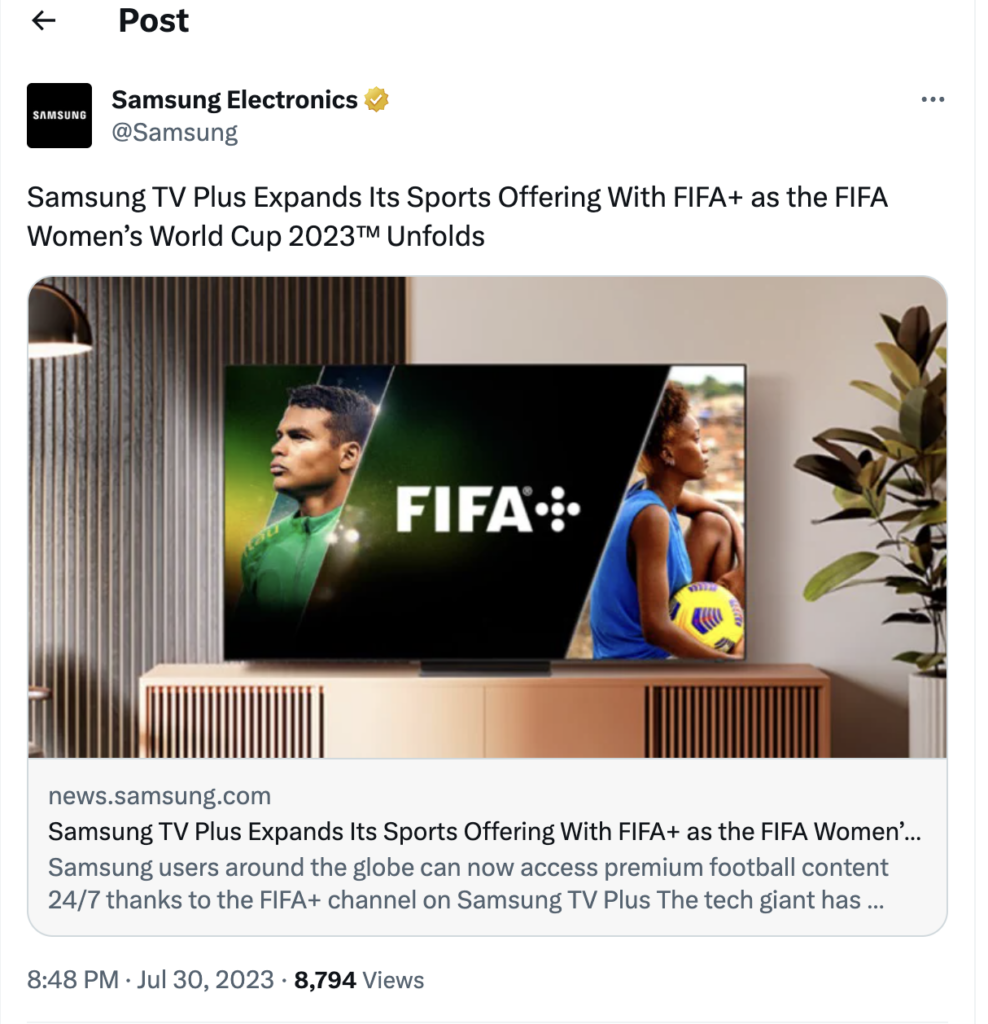 Samsung Electronics promovendo sua estratégia de descontos e incentivos de curto prazo com uma promoção vinculada ao Samsung TV Plus e à Copa do Mundo Feminina da FIFA de 2023