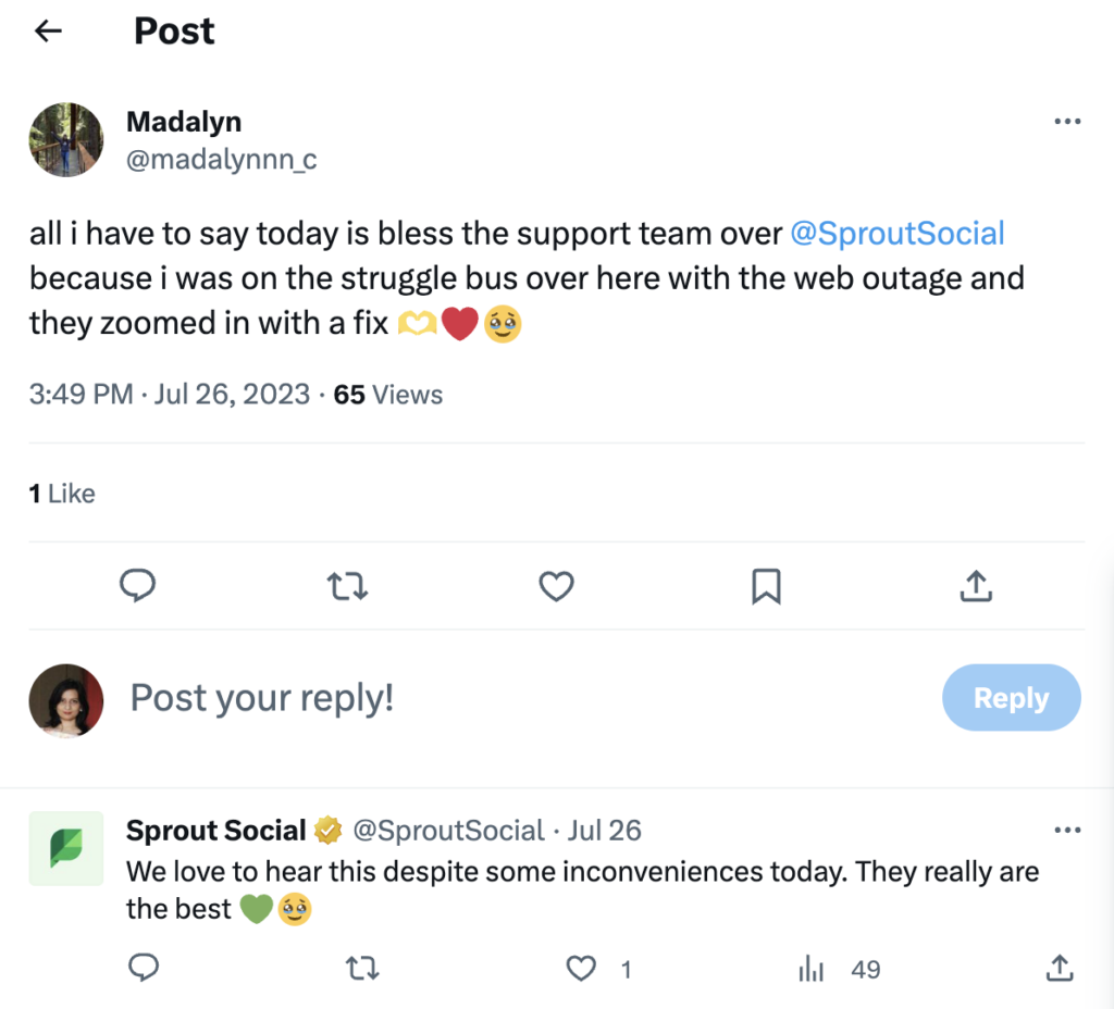 Captura de tela de um Tweet com uma conversa entre um cliente e a equipe de atendimento ao cliente do Sprout Social