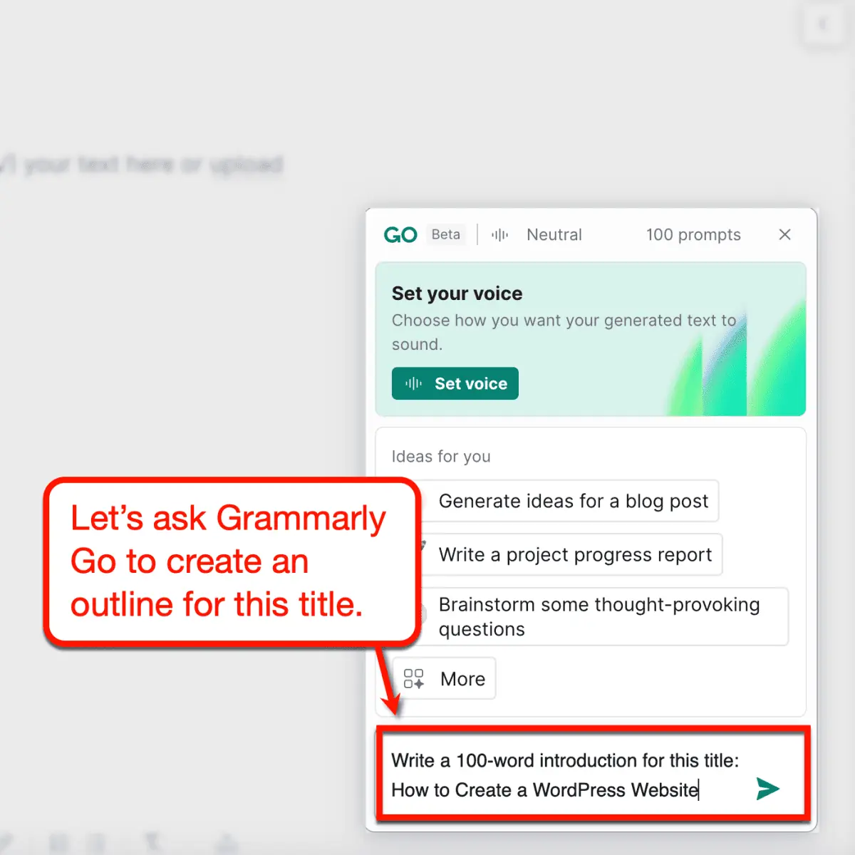 Grammarly Go mit Testabfrage