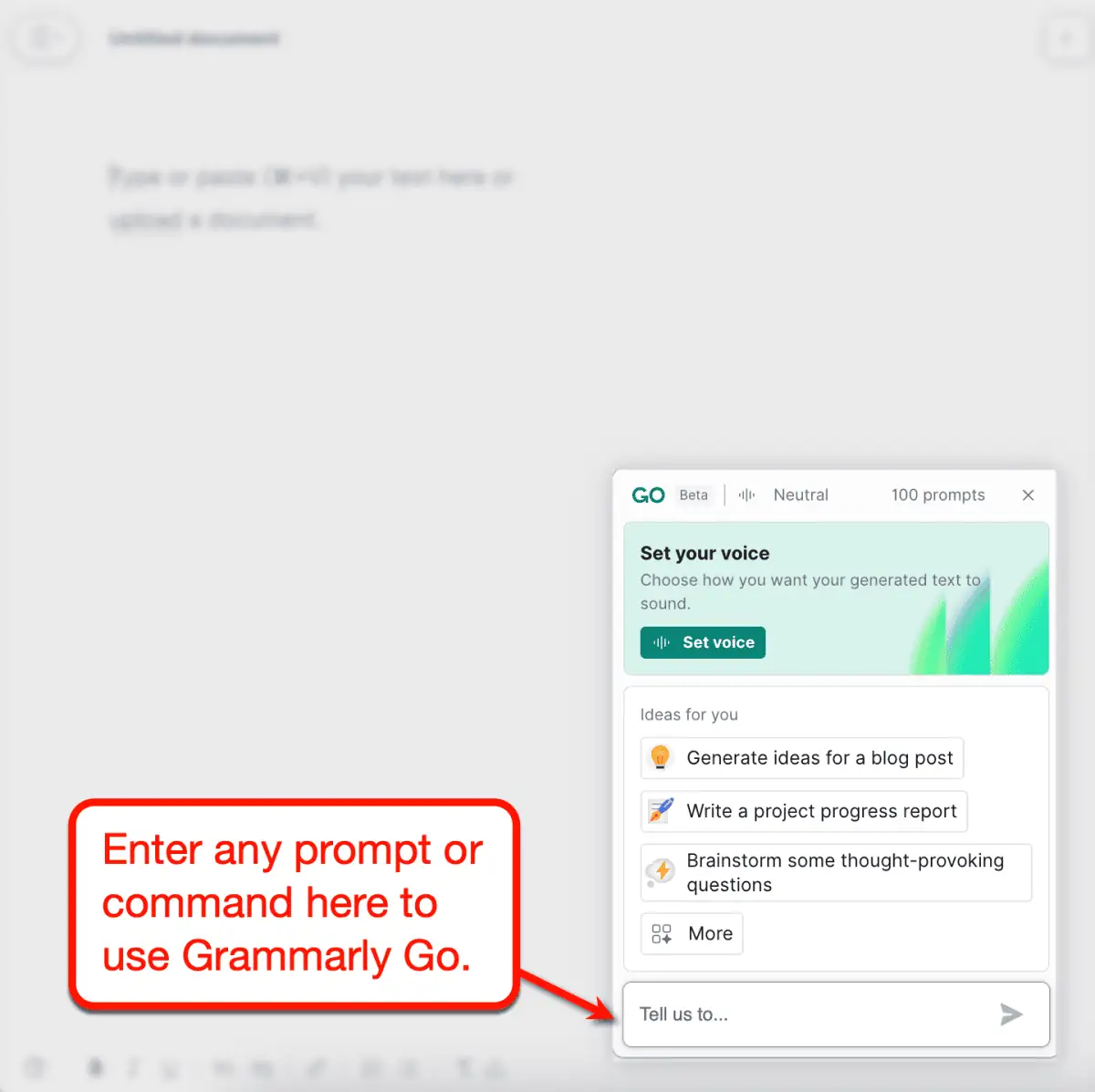 Hauptoberfläche der Seitenleiste von Grammarly Go