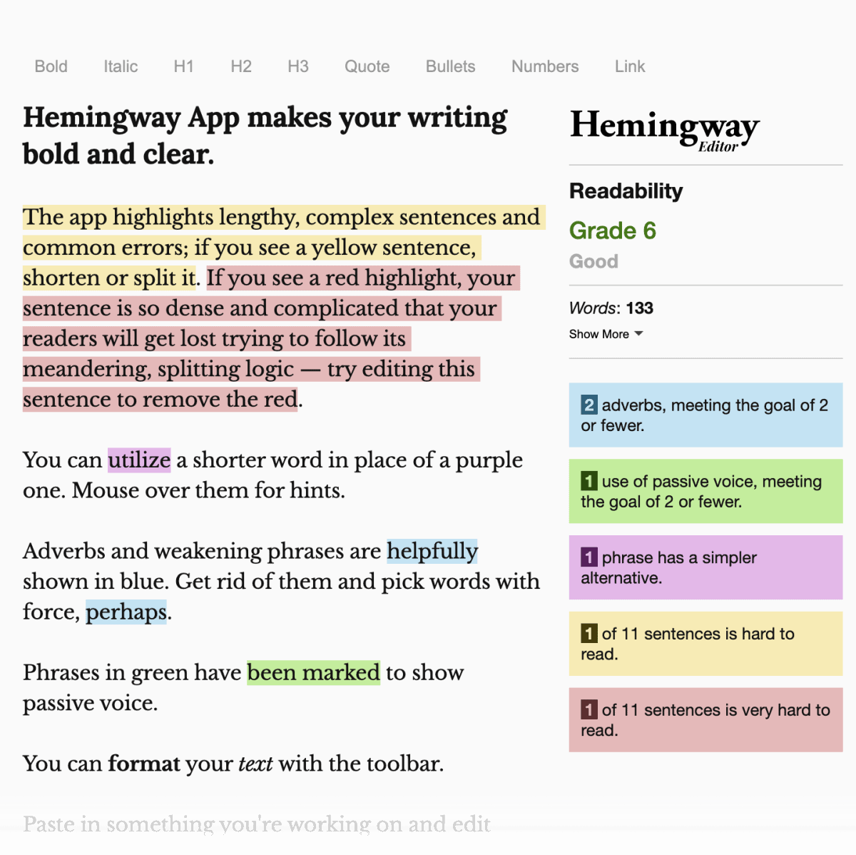 Hemingway-Beta-Schnittstelle mit Beispieltext