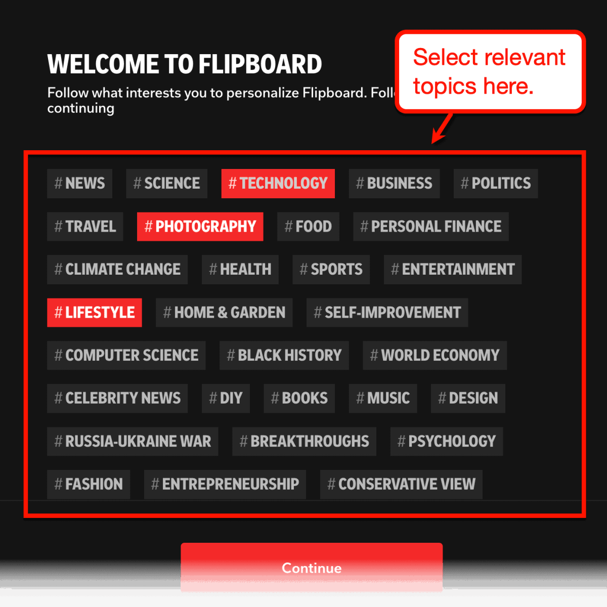 Flipboard 歡迎頁面。