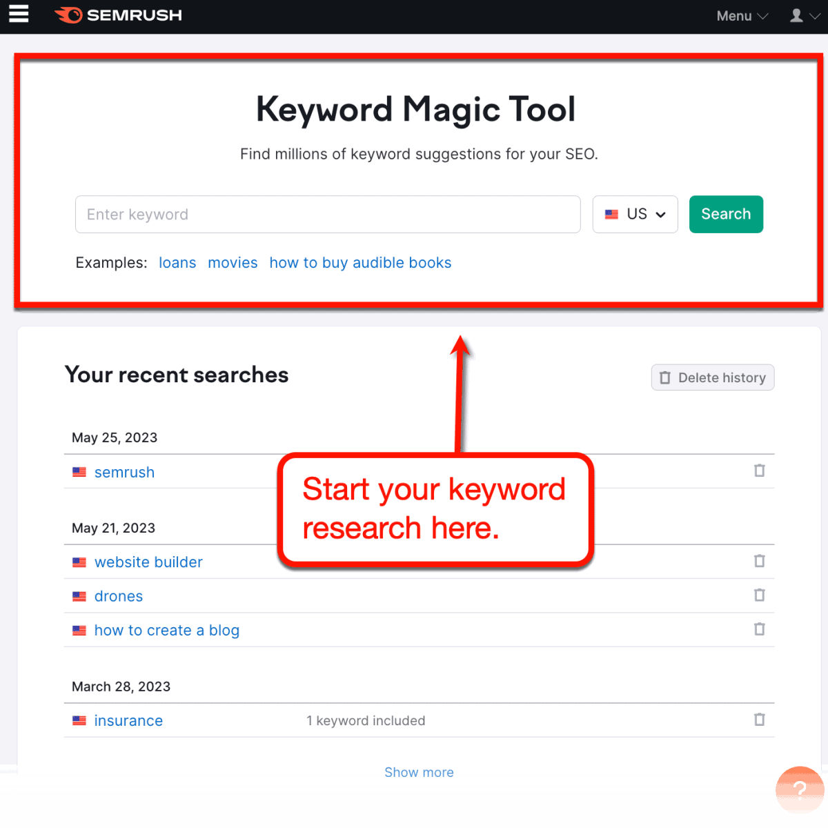 Semrush 關鍵字魔術工具主起始頁。