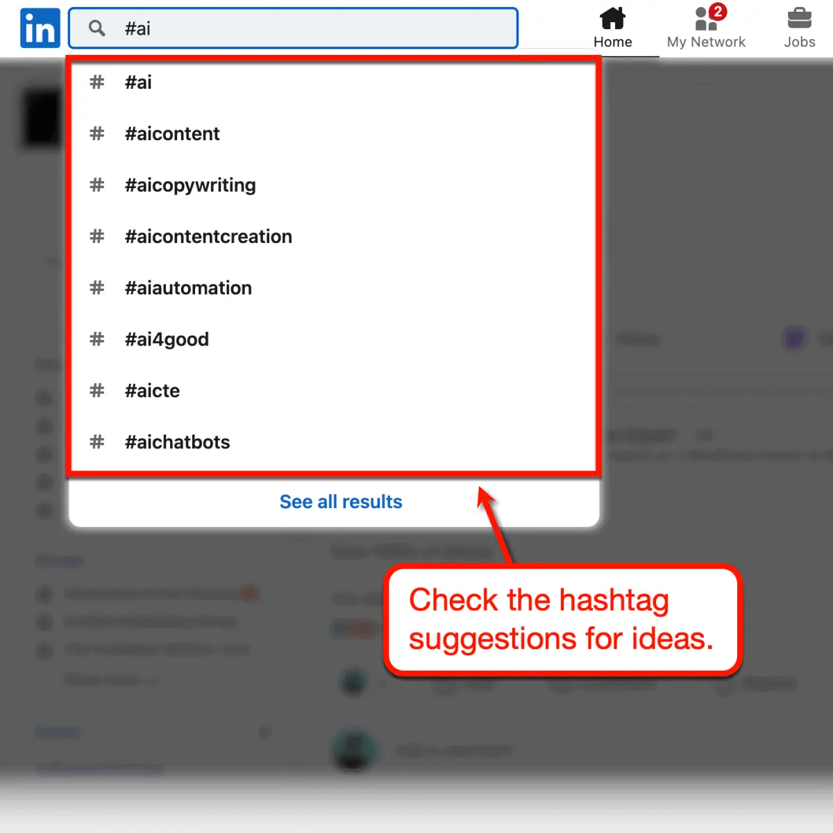 LinkedIn 搜索欄搜索主題標籤“#AI”