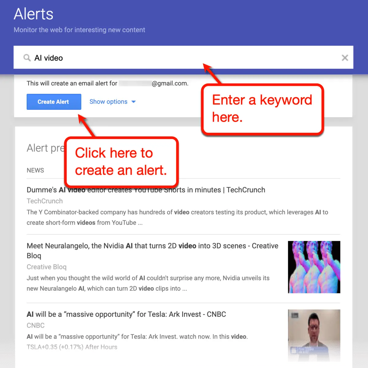 Google Alerts 表單使用關鍵字“AI 視頻”。