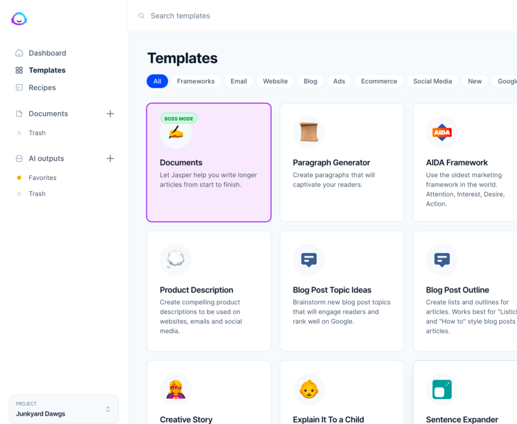Jasper 內容生成模板的網格概述，包括文檔、段落生成器、AIDA 框架、產品描述、博客文章主題想法、博客文章大綱、創意故事、向孩子解釋和句子擴展器。