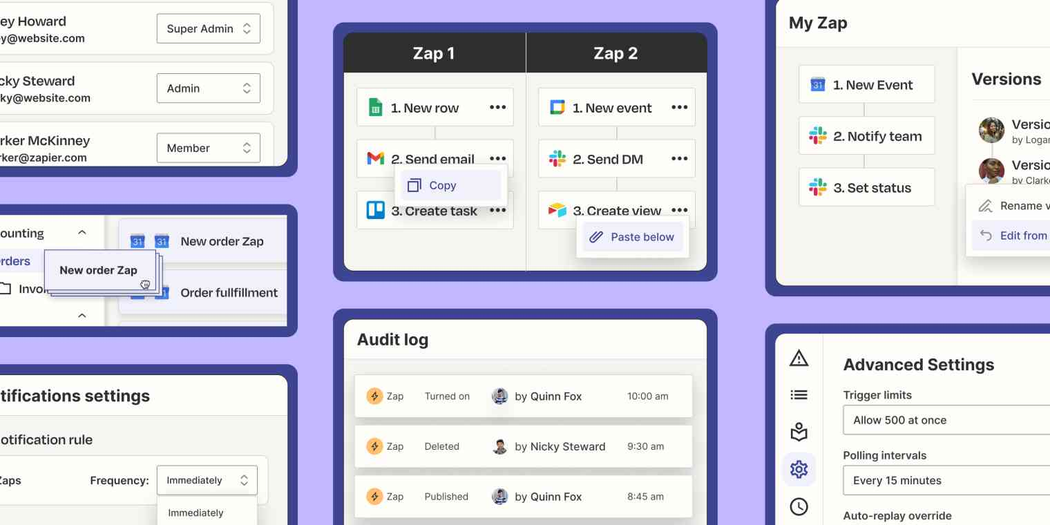 您可以使用不同的工具在 Zapier 中設置不同的“zap”自動化示例，包括新行、新事件、發送電子郵件、創建任務和創建視圖。