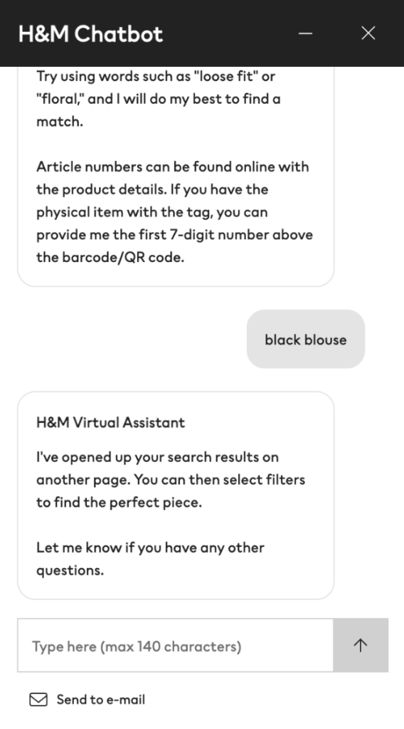 與零售品牌 H&M 虛擬助理互動的屏幕截圖。客戶要求機器人查看黑色襯衫，聊天機器人回應並表示它已在另一個頁面中提取黑色襯衫的搜索結果。