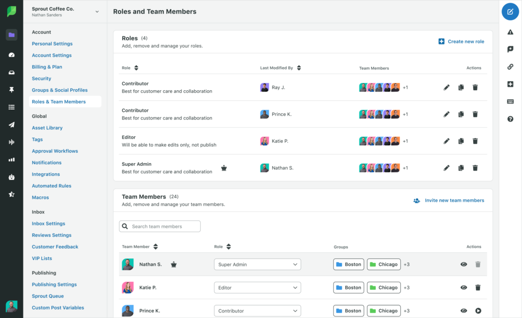Ein Screenshot der Funktion „Rollen und Teammitglieder“ von Sprout, mit der Teammitglieder hinzugefügt und Teamkollegen in Sprout verschiedene Berechtigungsstufen erteilt werden können.