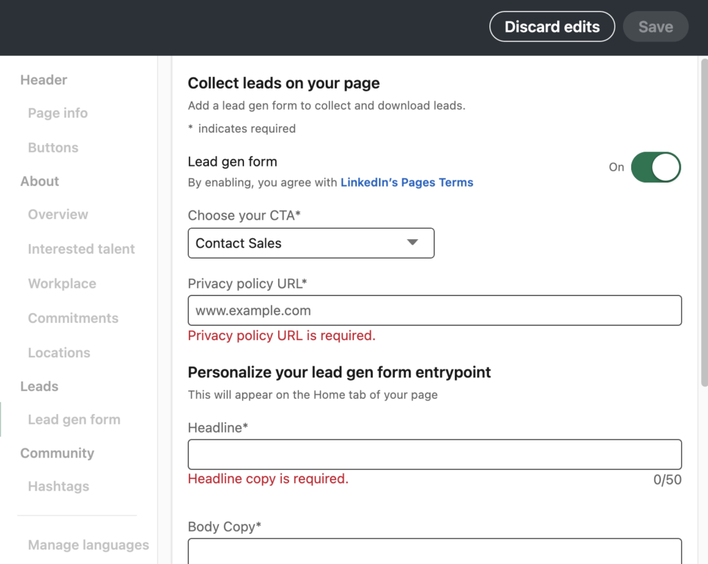 Ein Screenshot des Formulars zur Lead-Generierung, das Sie auf Ihrer LinkedIn-Seite ein- und ausschalten können