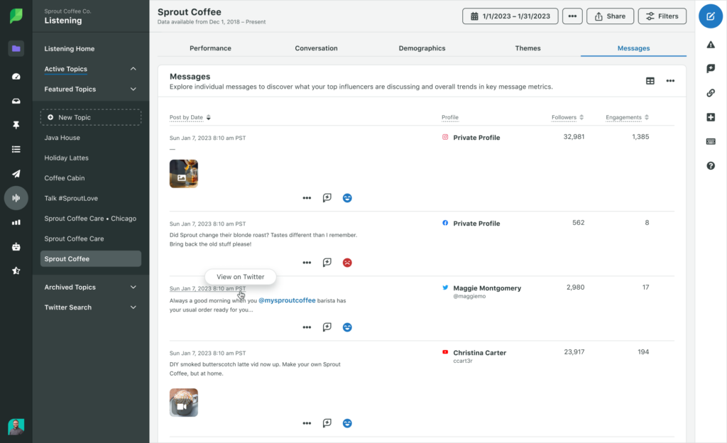 Ein Screenshot des Social-Listening-Tools von Sprout, bei dem Nachrichten nach Schlüsselwörtern angezeigt werden und Marketingfachleuten dabei helfen, Trends und Gespräche zu erkennen, die in sozialen Netzwerken über ihre Marke oder Branche stattfinden.