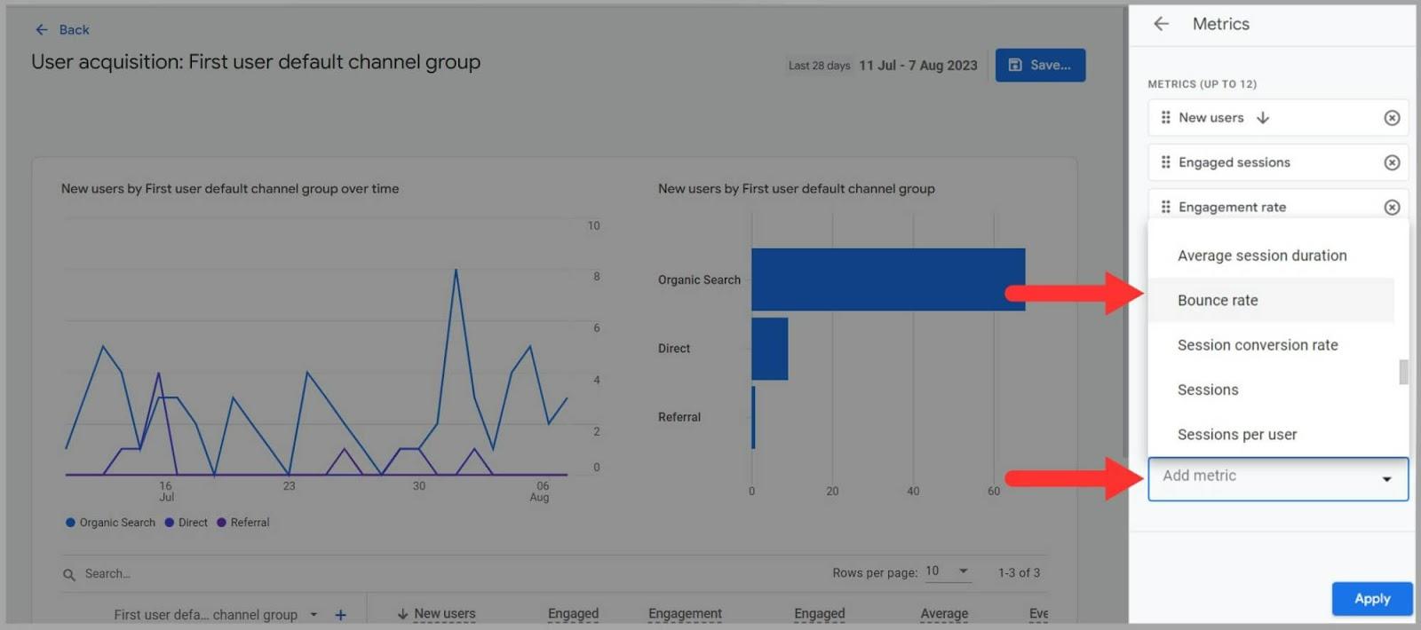 Find bounce rate under the metric tab