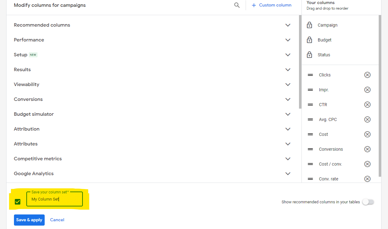 Google Ads – zapisane zestawy kolumn