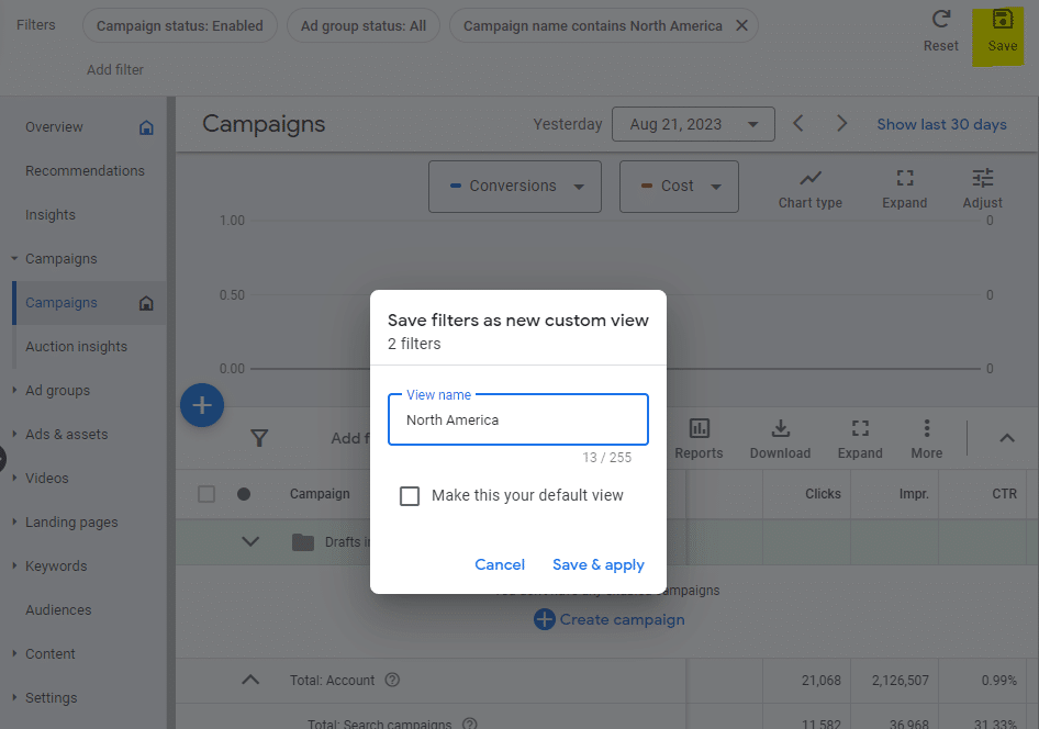 Google Ads – Zapisz filtry jako widok niestandardowy