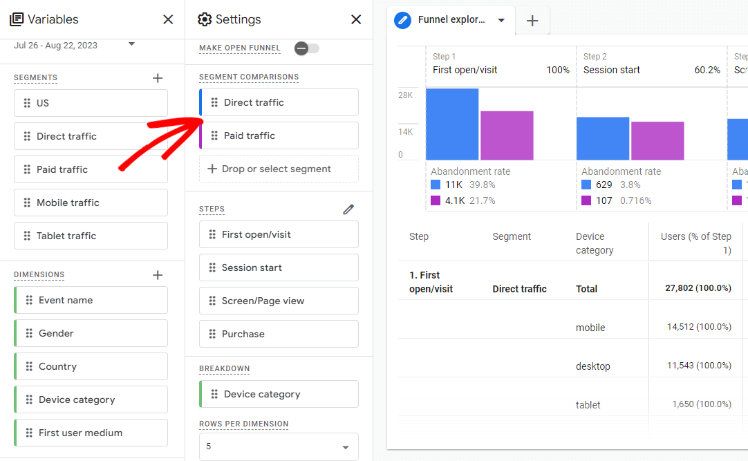 Porównanie segmentów eksploracji ścieżki GA4