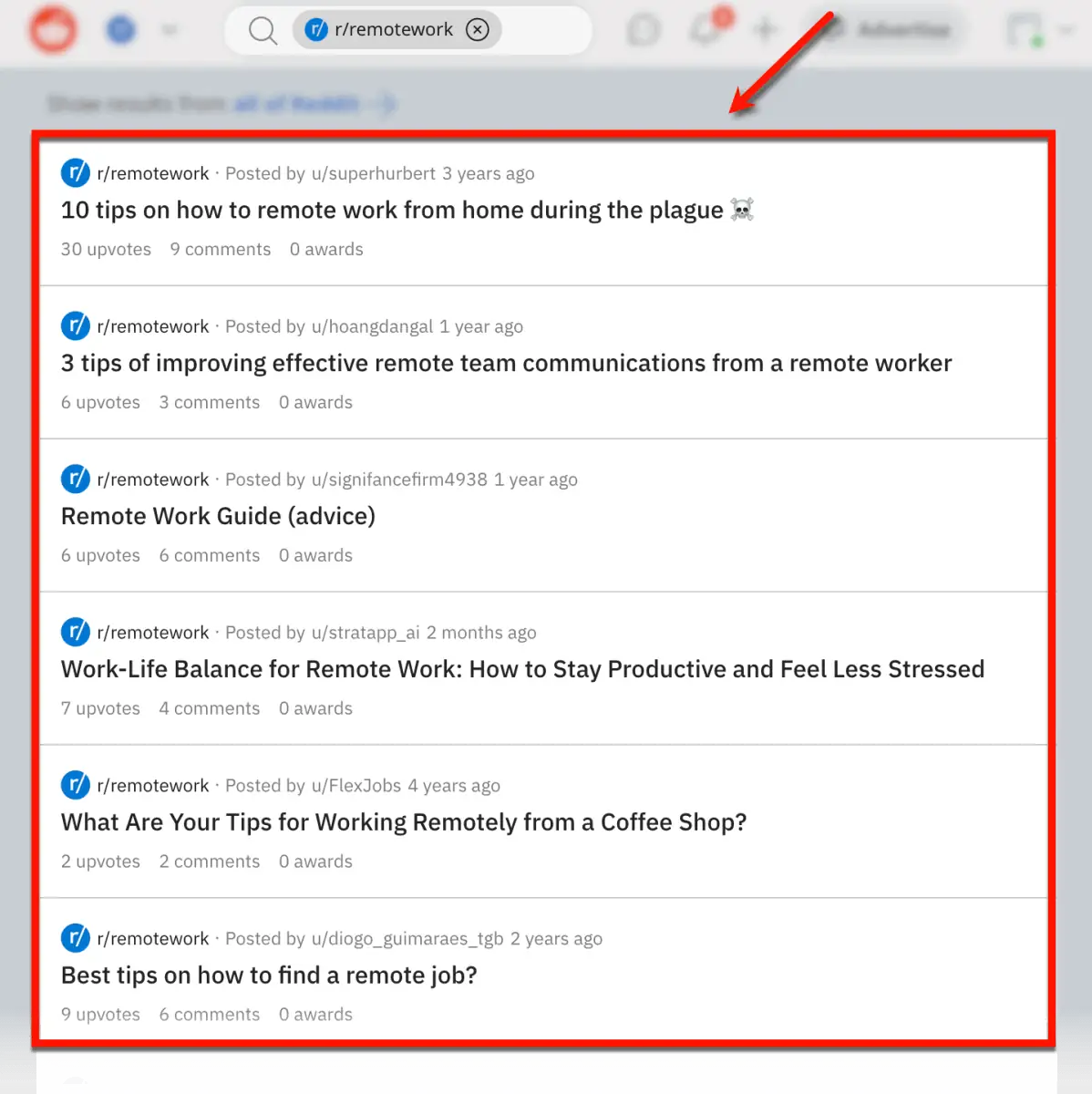 Reddit-Suchergebnisse im Subreddit „r/remotework“.