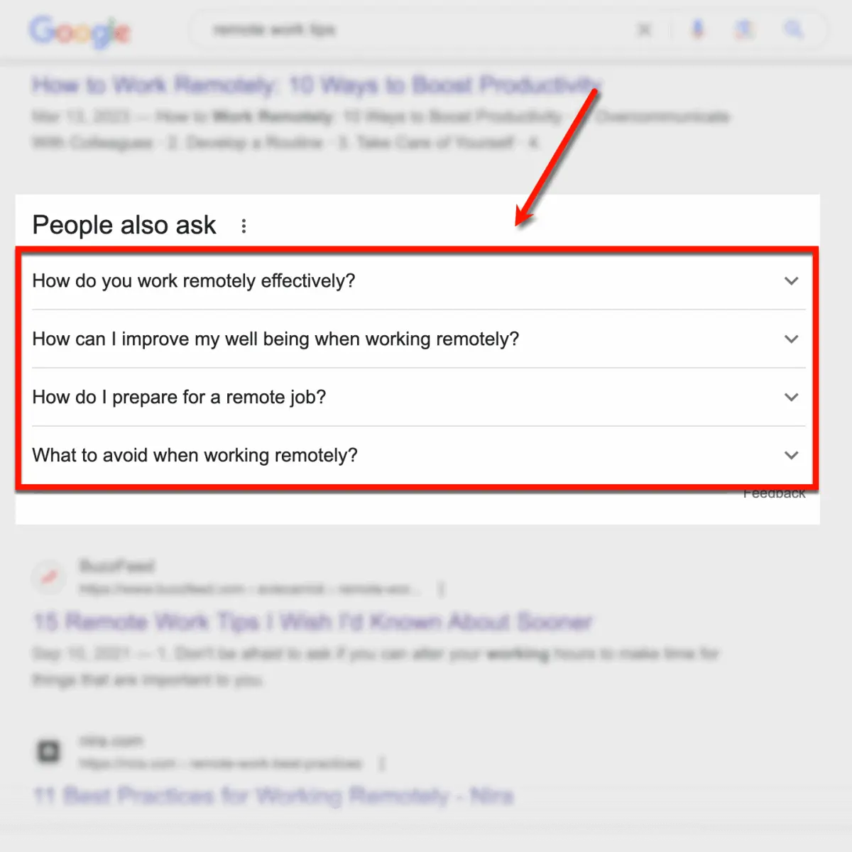 Google „Leute fragen auch“-Vorschläge für „Tipps zur Remote-Arbeit“.