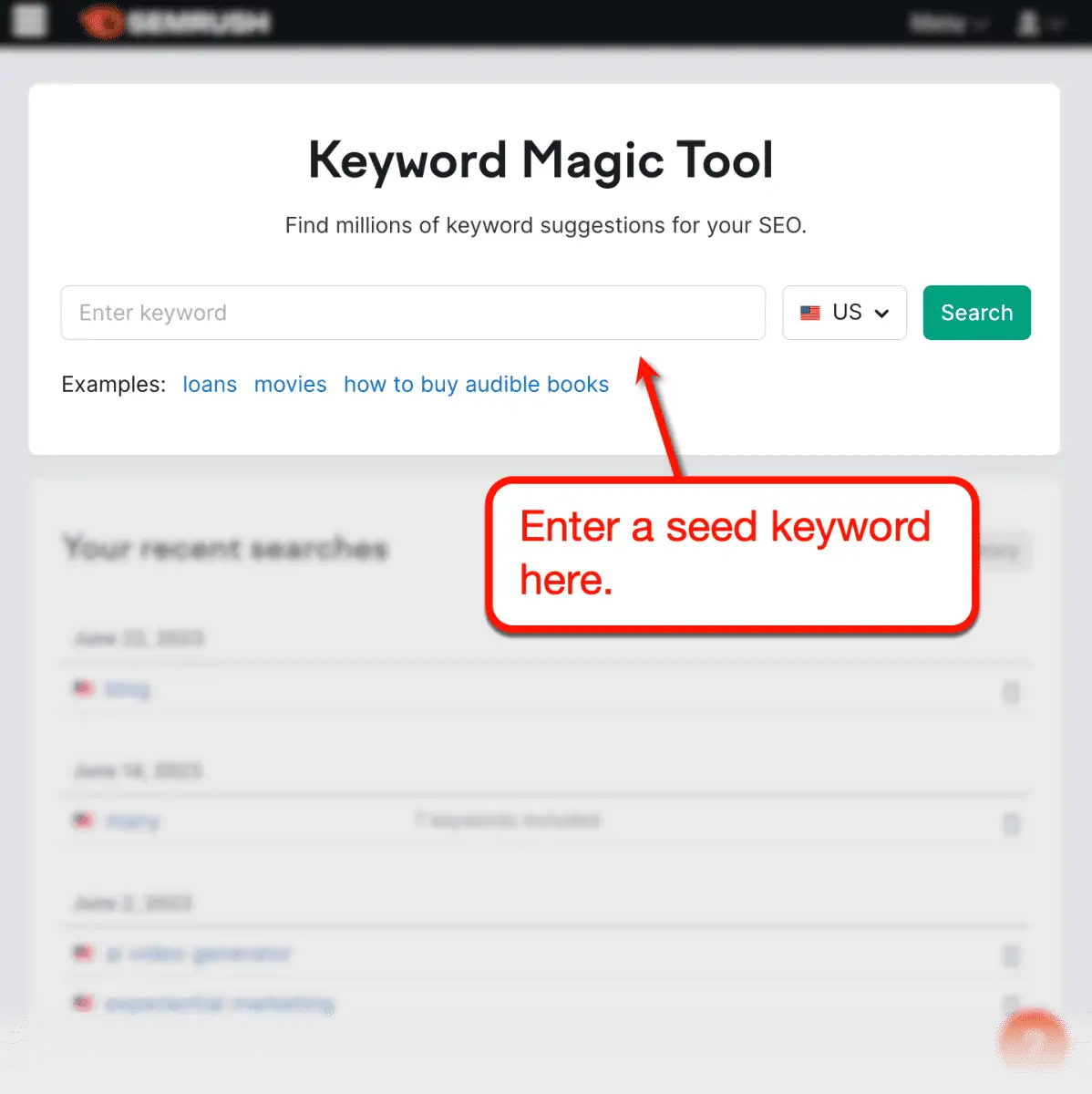 Hauptoberfläche des Semrush Keyword Magic Tools