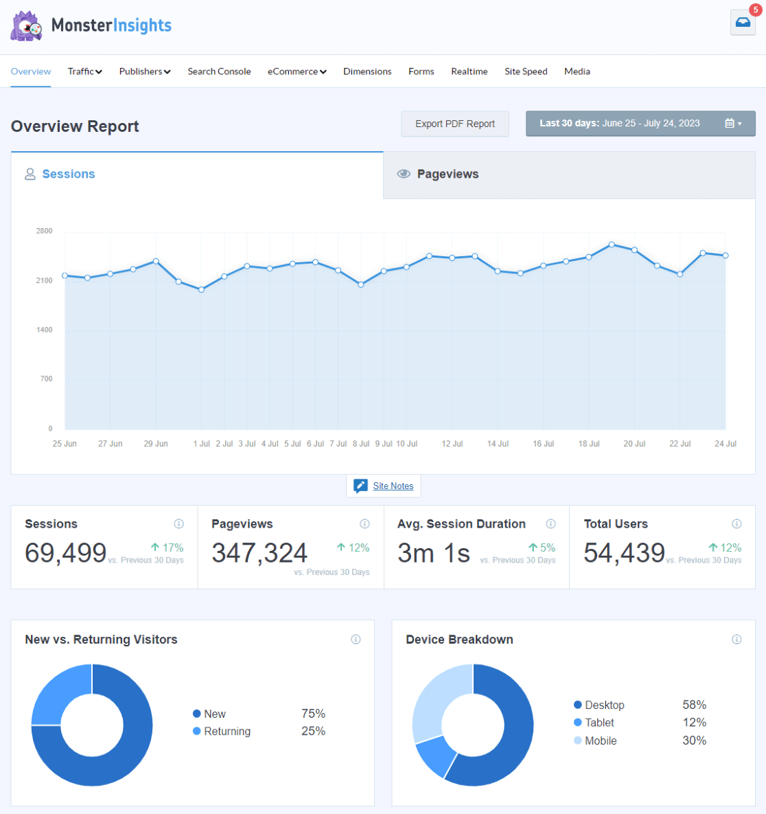 MonsterInsights 概覽報告