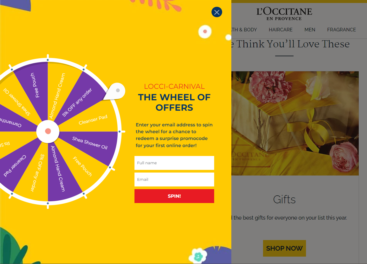 Banner pop-up pentru a primi un cod promoțional de la L'Occitane