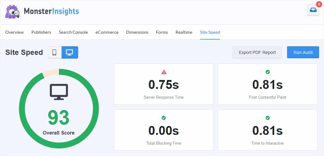 SEO Laporan Kecepatan Situs MonsterInsights