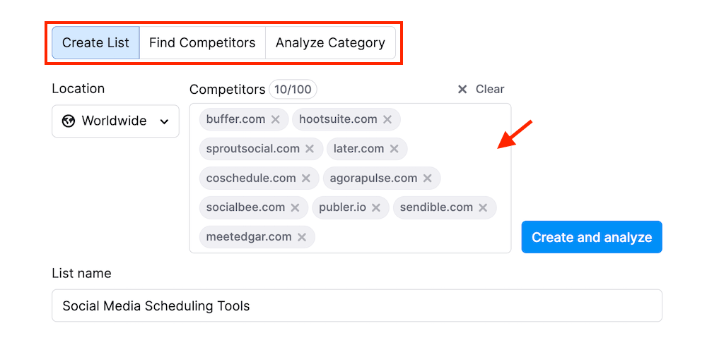 Semrush Market Explorer - Create List