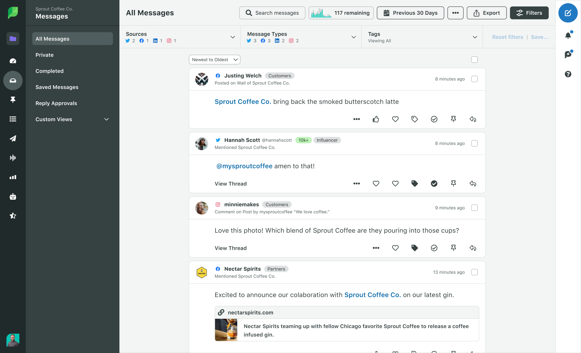 Sprout Social の Smart Inbox のスクリーンショット。これは、すべての受信メッセージとメンションを 1 か所に統合​​するプラットフォーム内の受信箱です。