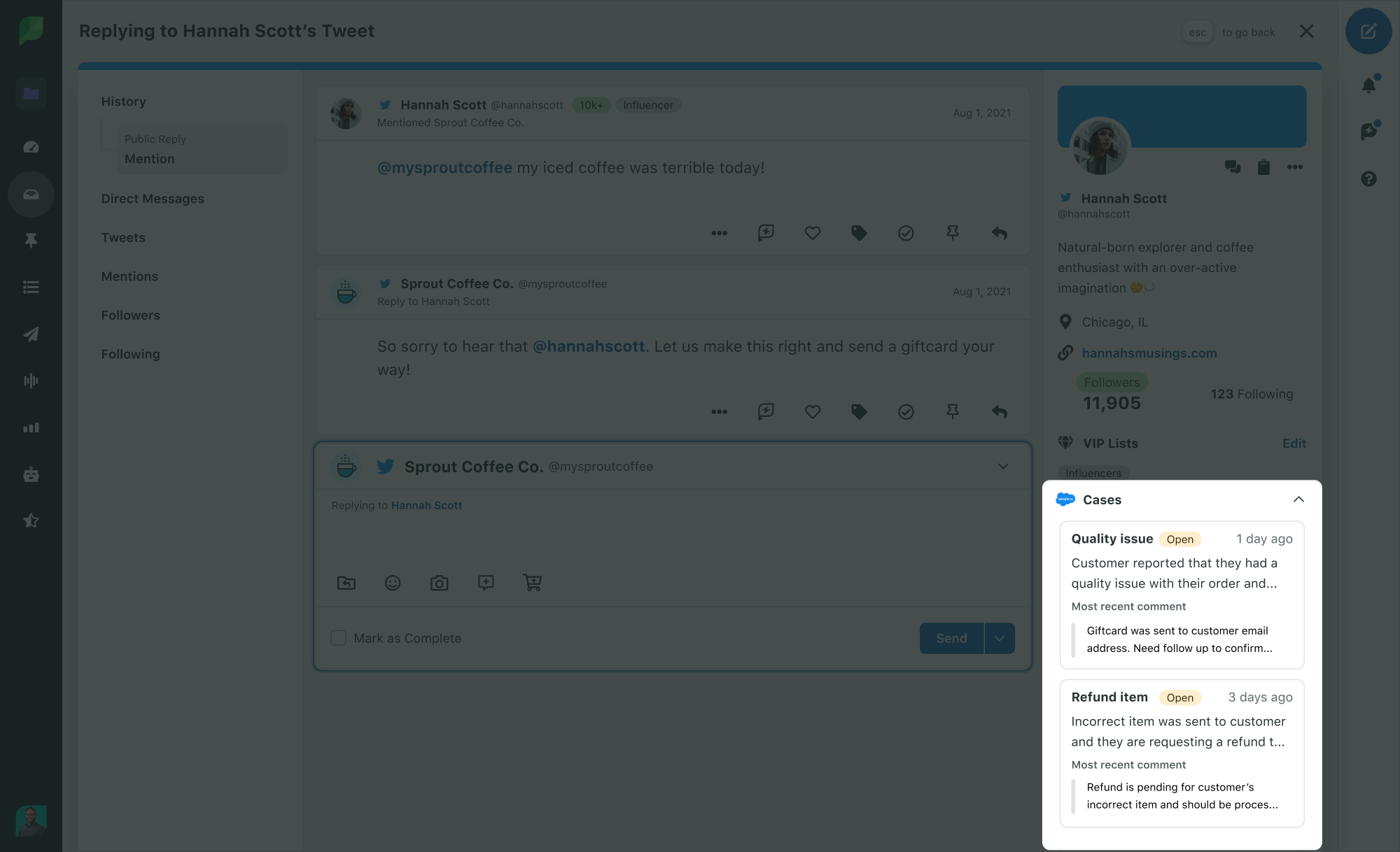 Une capture d'écran de la Smart Inbox de Sprout Social, où un utilisateur répond à un commentaire entrant sur X (anciennement Twitter). Dans le côté inférieur droit de l'écran, vous pouvez voir une fenêtre contextuelle en surbrillance qui répertorie les cas Salesforce liés à l'utilisateur qui contacte la marque, y compris un problème de qualité antérieur signalé par le client et un article incorrect.