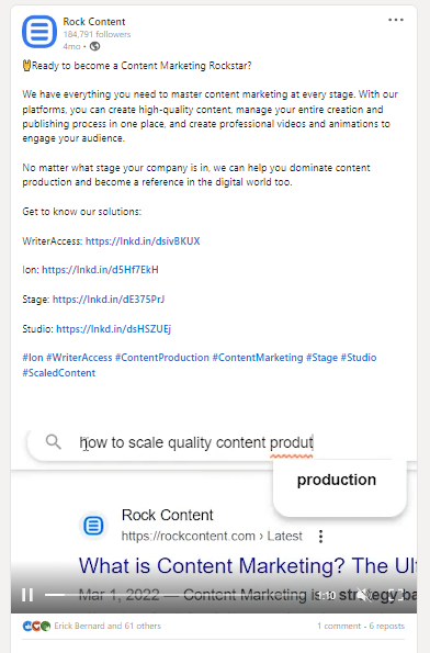 Rock Content'in LinkedIn gönderisi