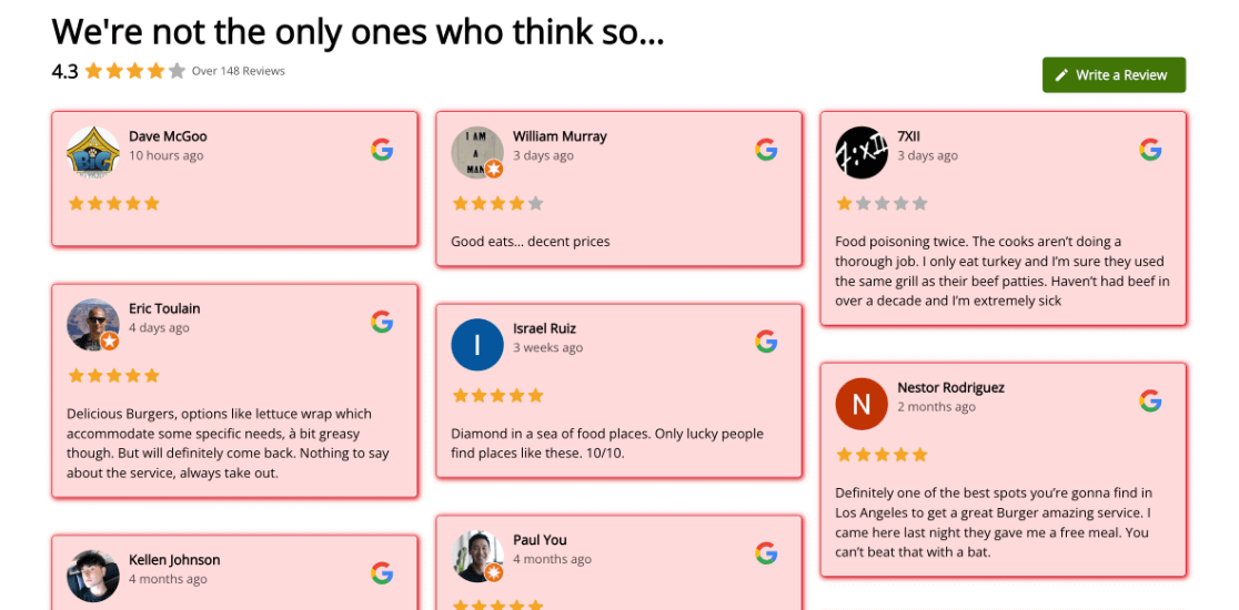 Reviews Feed Pro pe o pagină - recenzii Google pe exemple de site-uri web