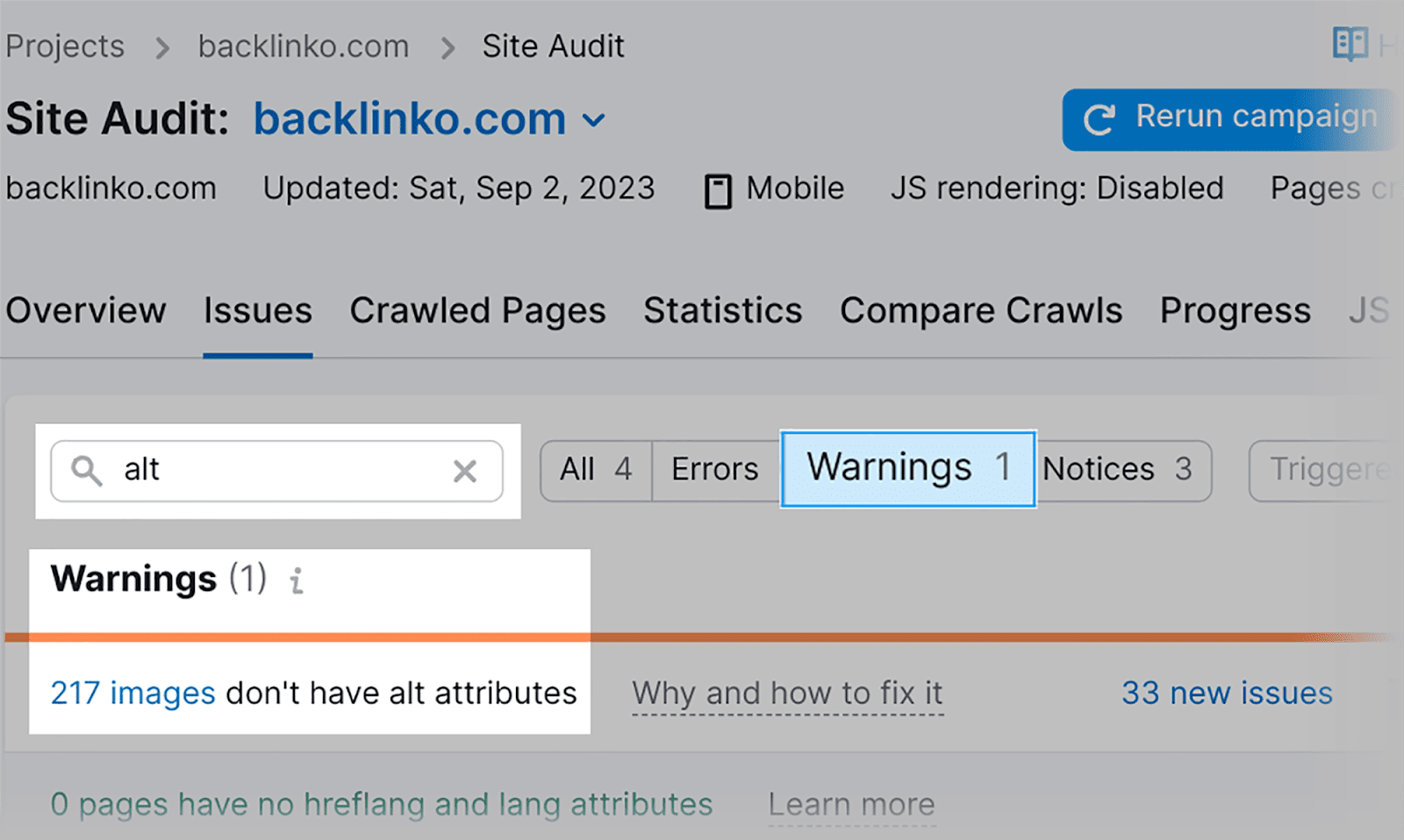 Find the missing alt attributes on SEMrush Site Audit tool