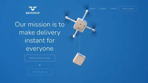 Photo of a SkyDrop drone delivering a package