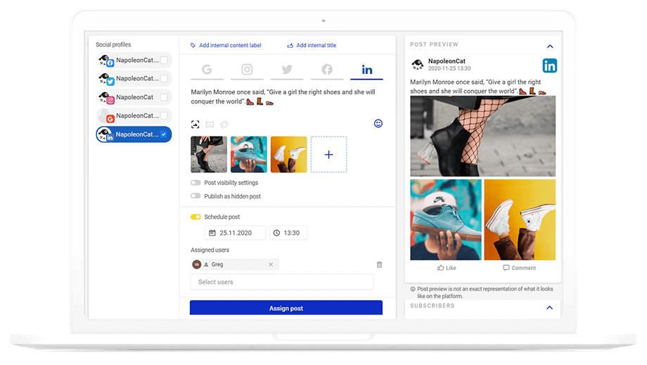 Draf posting LinkedIn di NapoleonCat dengan pemilih waktu untuk penjadwalan