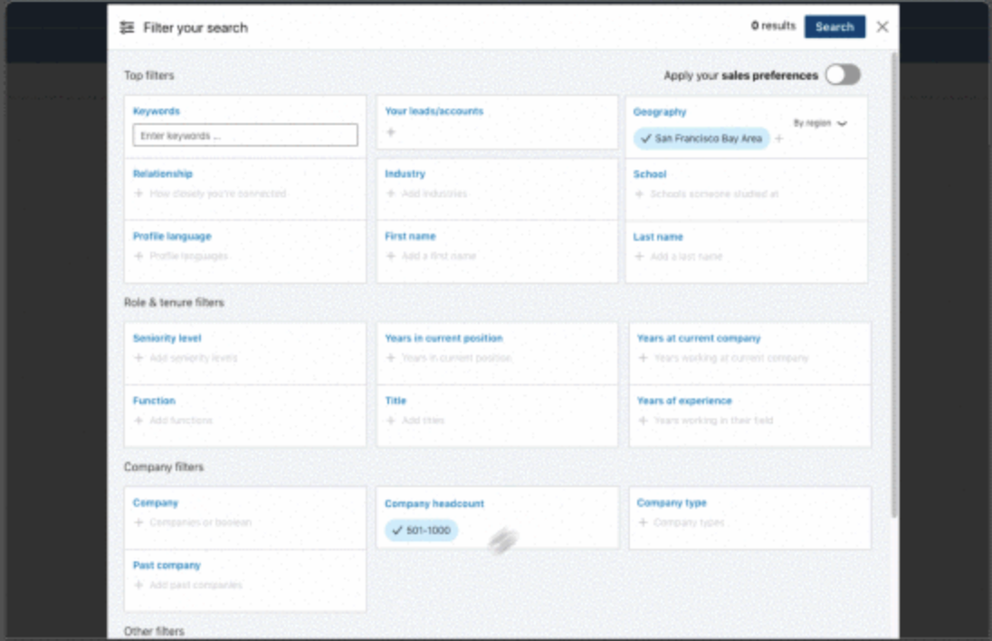 jendela filter prospek di LinkedIn Sales Navigator