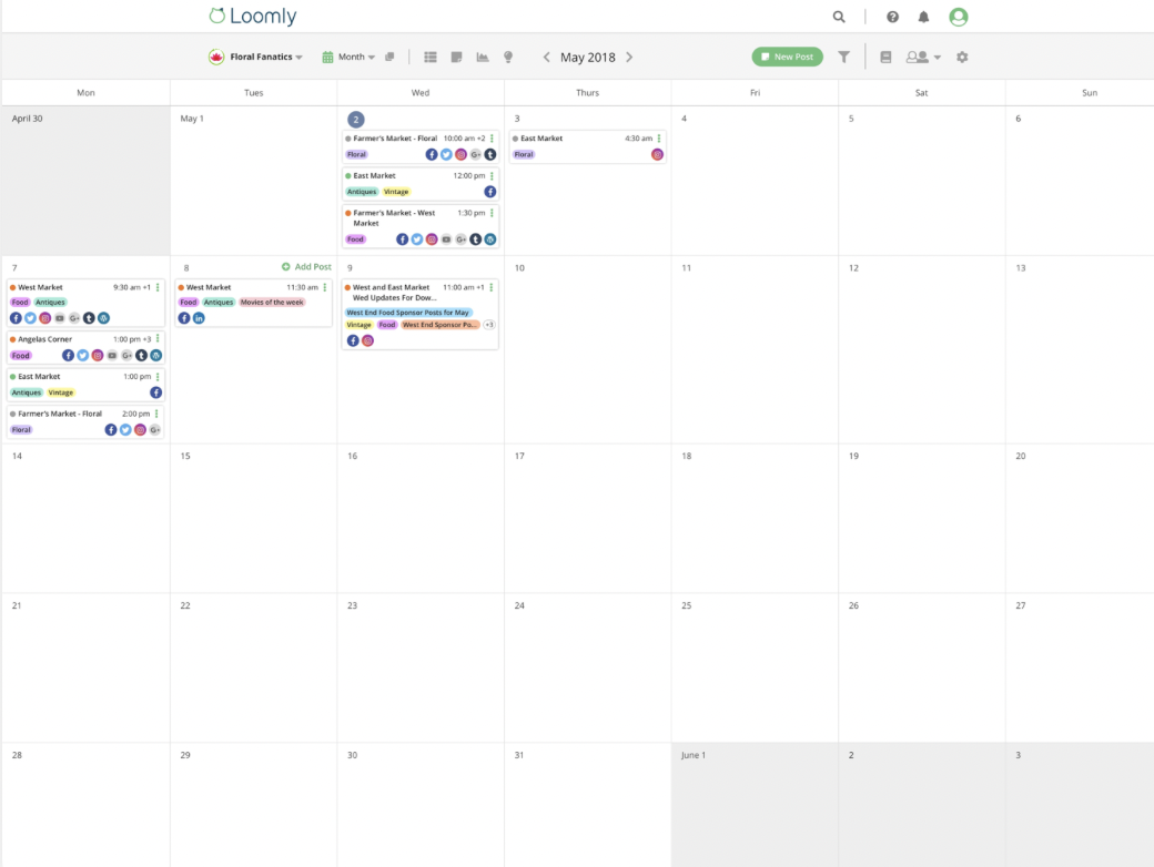 vue du calendrier avec différents contenus programmés sur Loomly