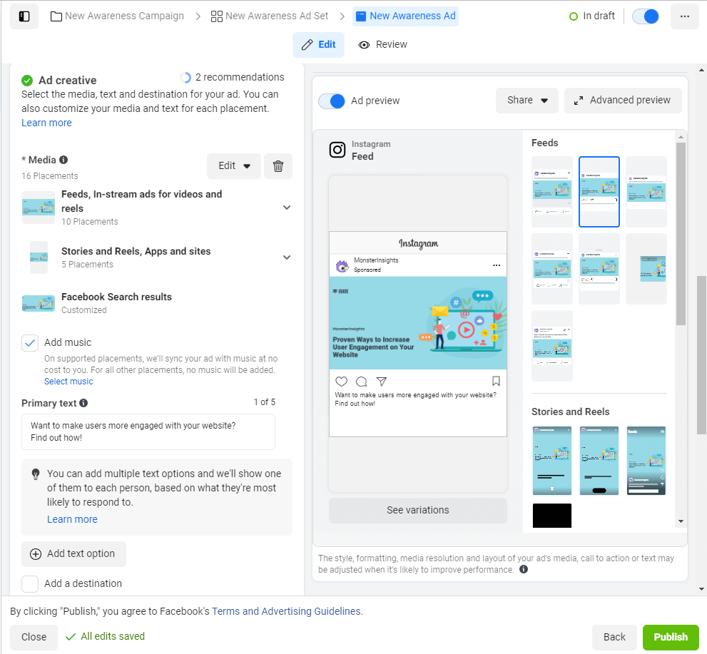 Facebook - Meta - Miejsca docelowe reklam na Instagramie