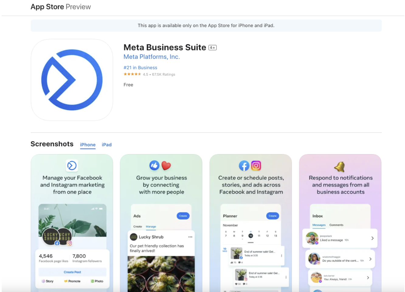 Meta Business Suite의 App Store 미리보기 스크린샷. 이미지에는 Facebook 및 Instagram 마케팅을 한 곳에서 관리하고 더 많은 사람들과 연결하여 비즈니스를 성장시키는 등 사용 가능한 기능을 사용자에게 알려주는 4개의 미리보기 상자가 표시됩니다.