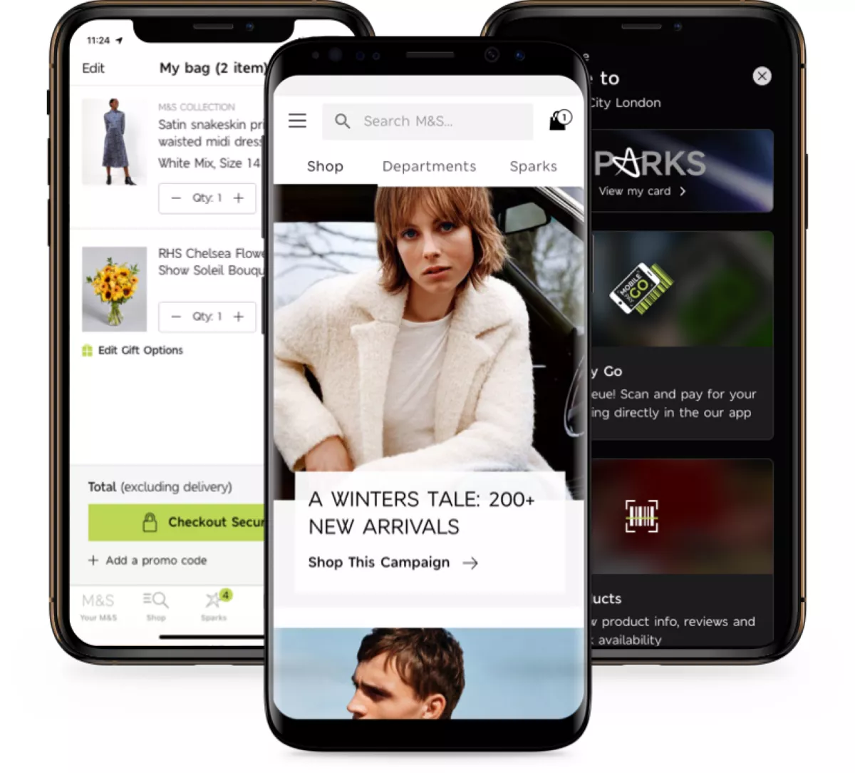 Marks & Spencer Sparks 應用程式的三個 iPhone UX 模型。第一個功能是結帳流程，第二個功能是應用程式主頁，第三個功能是 Sparks 優勢清單。