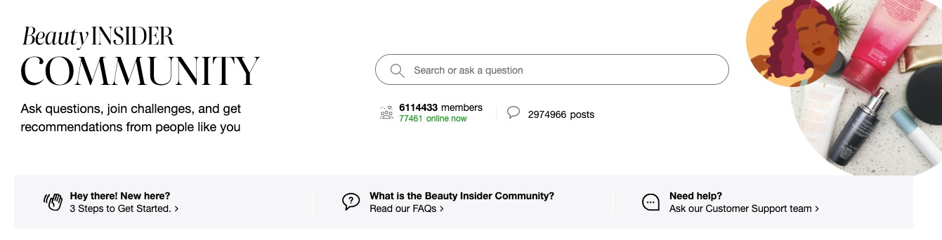 Sephora BeautyInsider 社群首頁的螢幕截圖。它被描述為一個「提出問題、參與挑戰並從像你這樣的人那裡獲得建議」的地方。