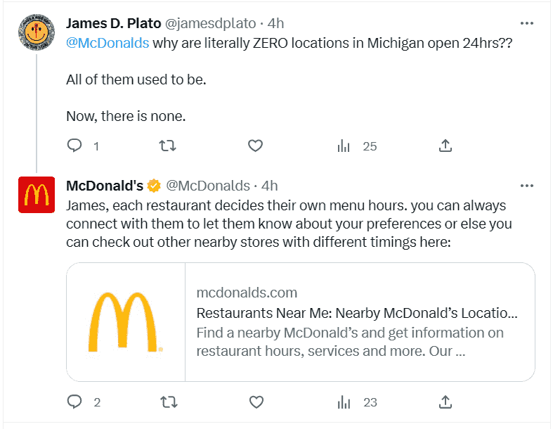 McDonald's risponde alla loro menzione sui social media