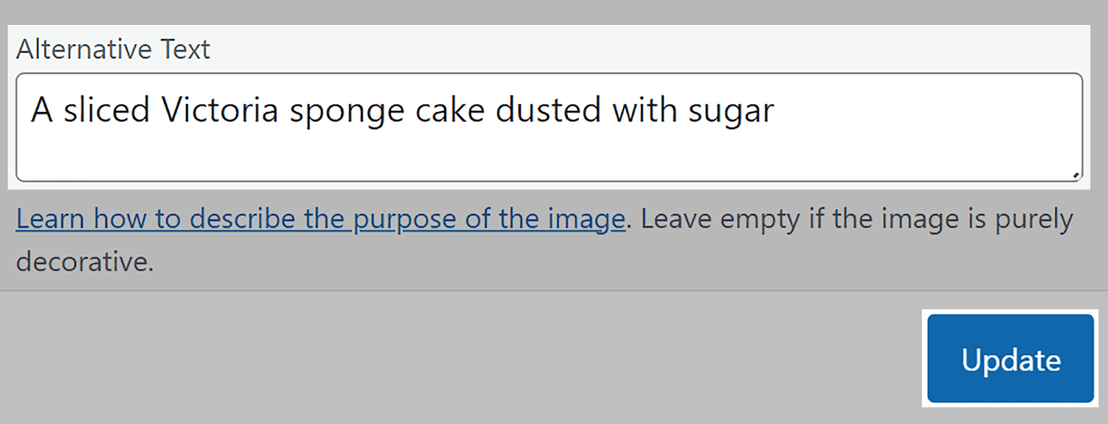 Type your alt text then hit update