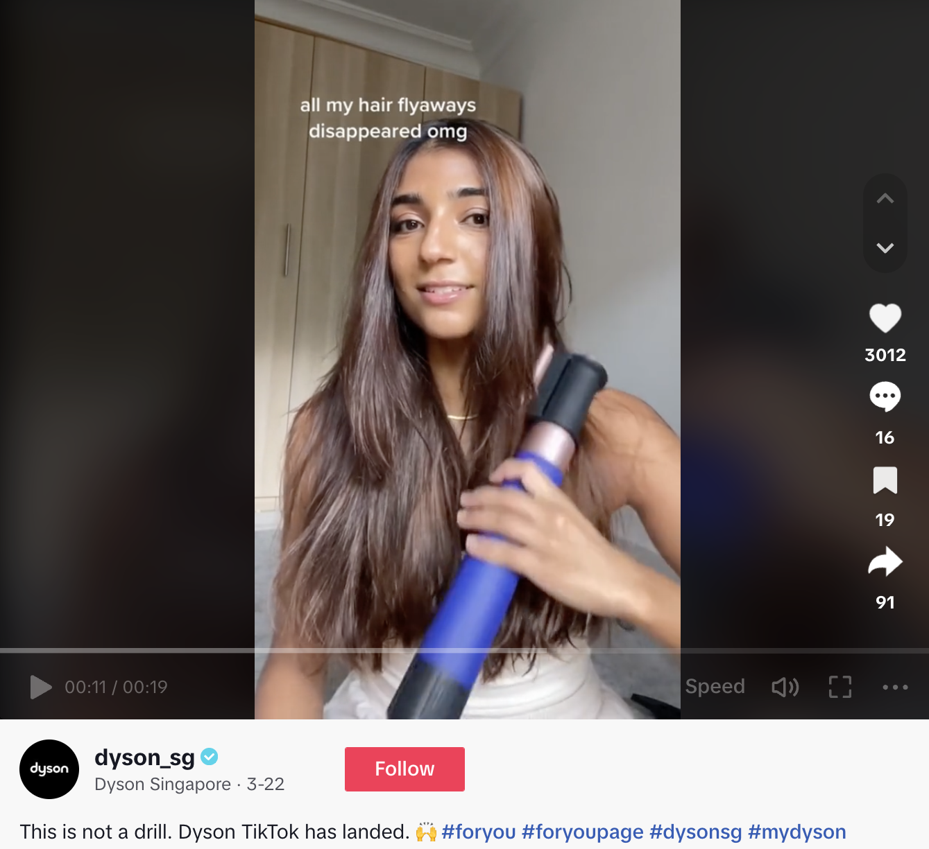 戴森新加坡公司的 TikTok 影片包含一些用戶評論。標題寫道：“這不是演習。Dyson TikTok 已經登陸。”