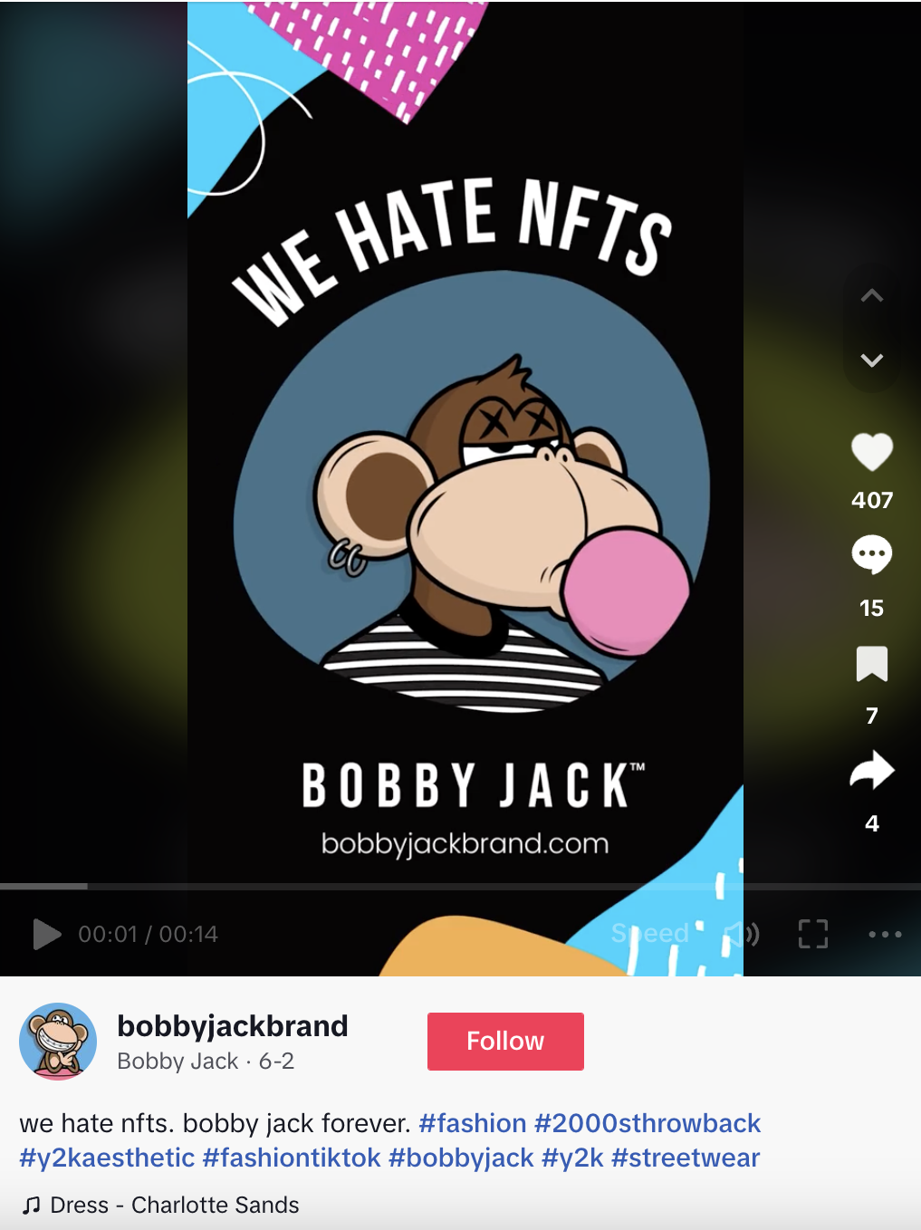 Bobby Jack 模仿 NFT 系列 Bored Ape Yacht Club 的 TikTok 影片。標題說，“我們討厭 NFT。永遠的 Bobby Jack”，並包含各種主題標籤。